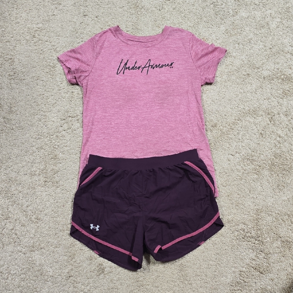Under Armour Heathered Pink Tee and Dark Purple Shorts Set